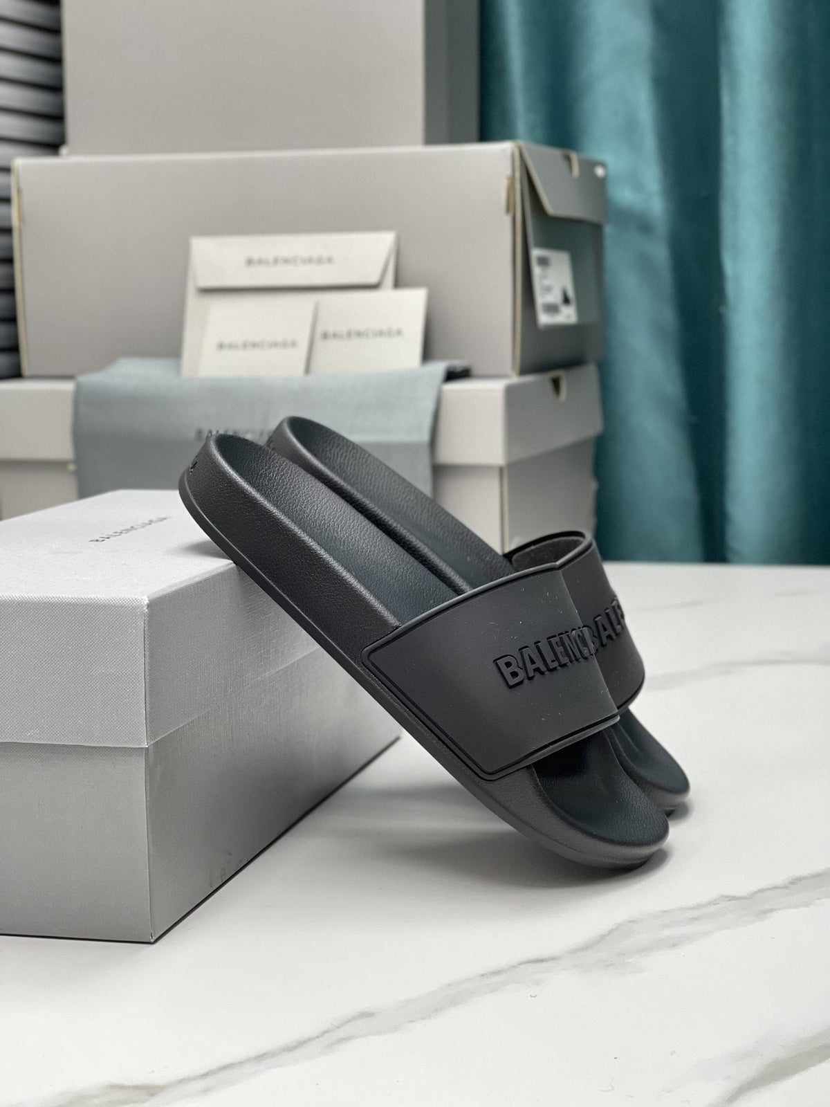 Balenciaga Black Embossed Slide Sandals