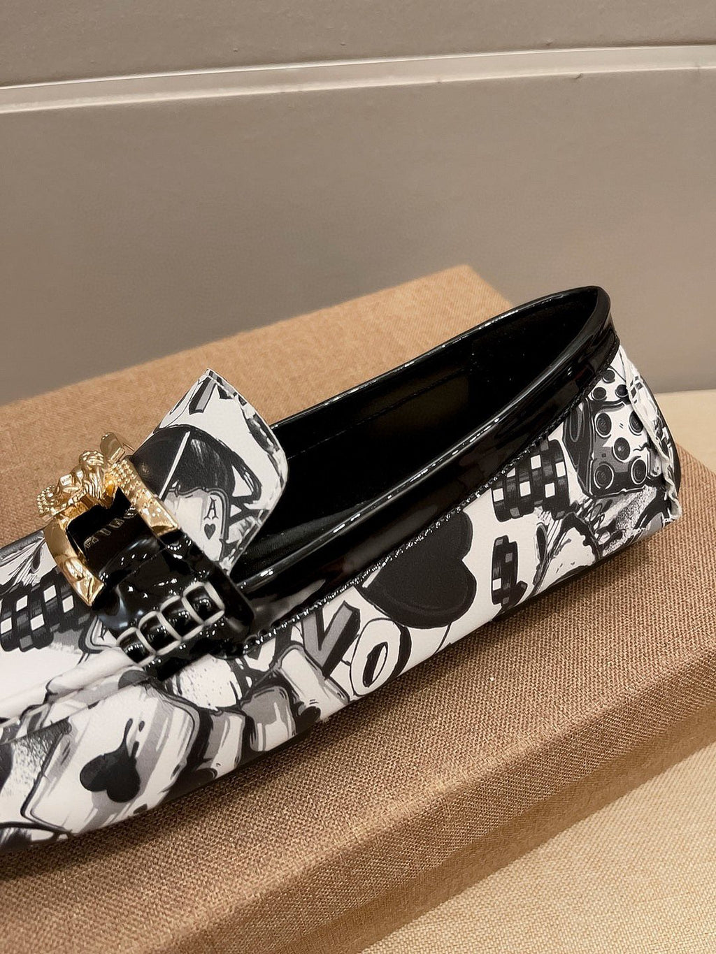 Versace Black & White Graphic Gold-Tone Loafers