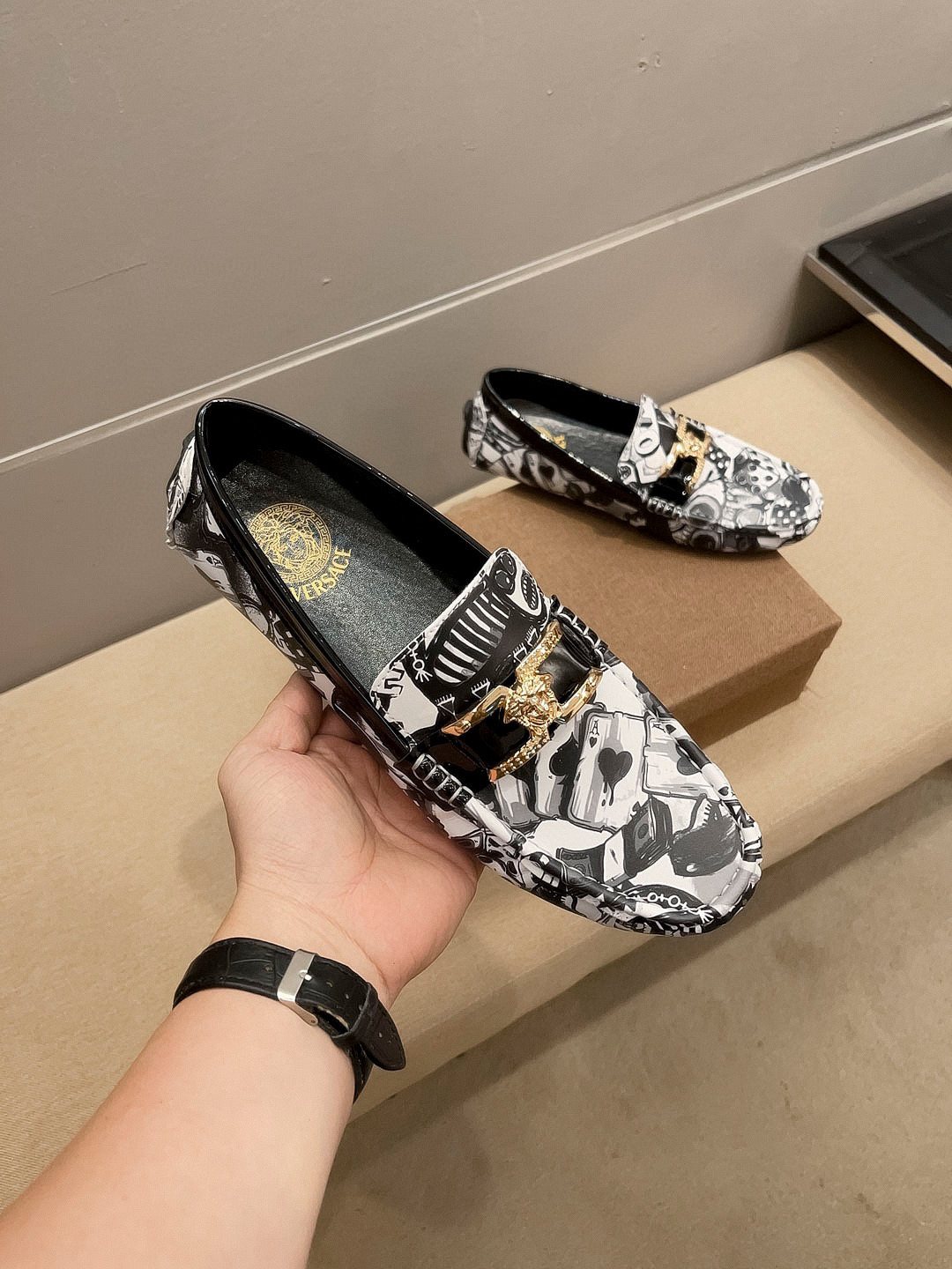 Versace Black & White Graphic Gold-Tone Loafers