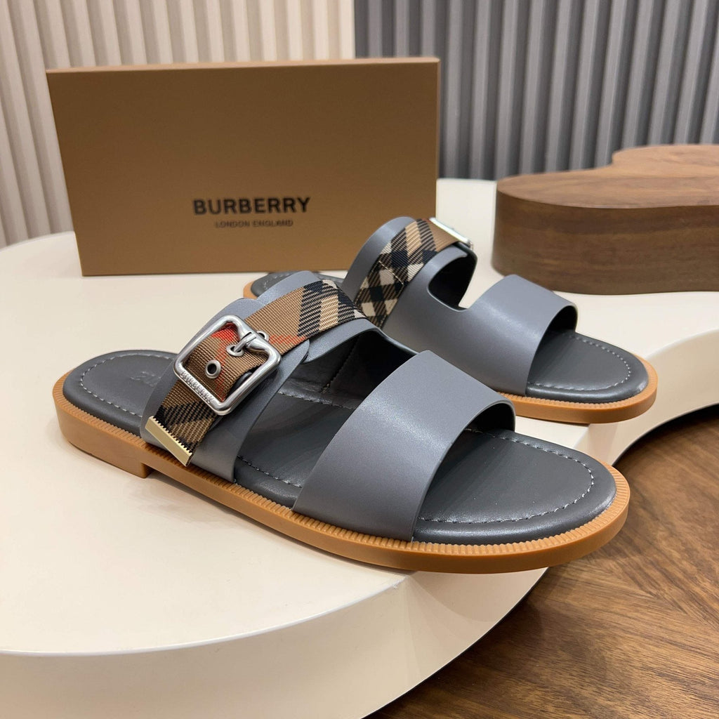 Burberry Plaid Buckle Slide Sandals - Flat Sole