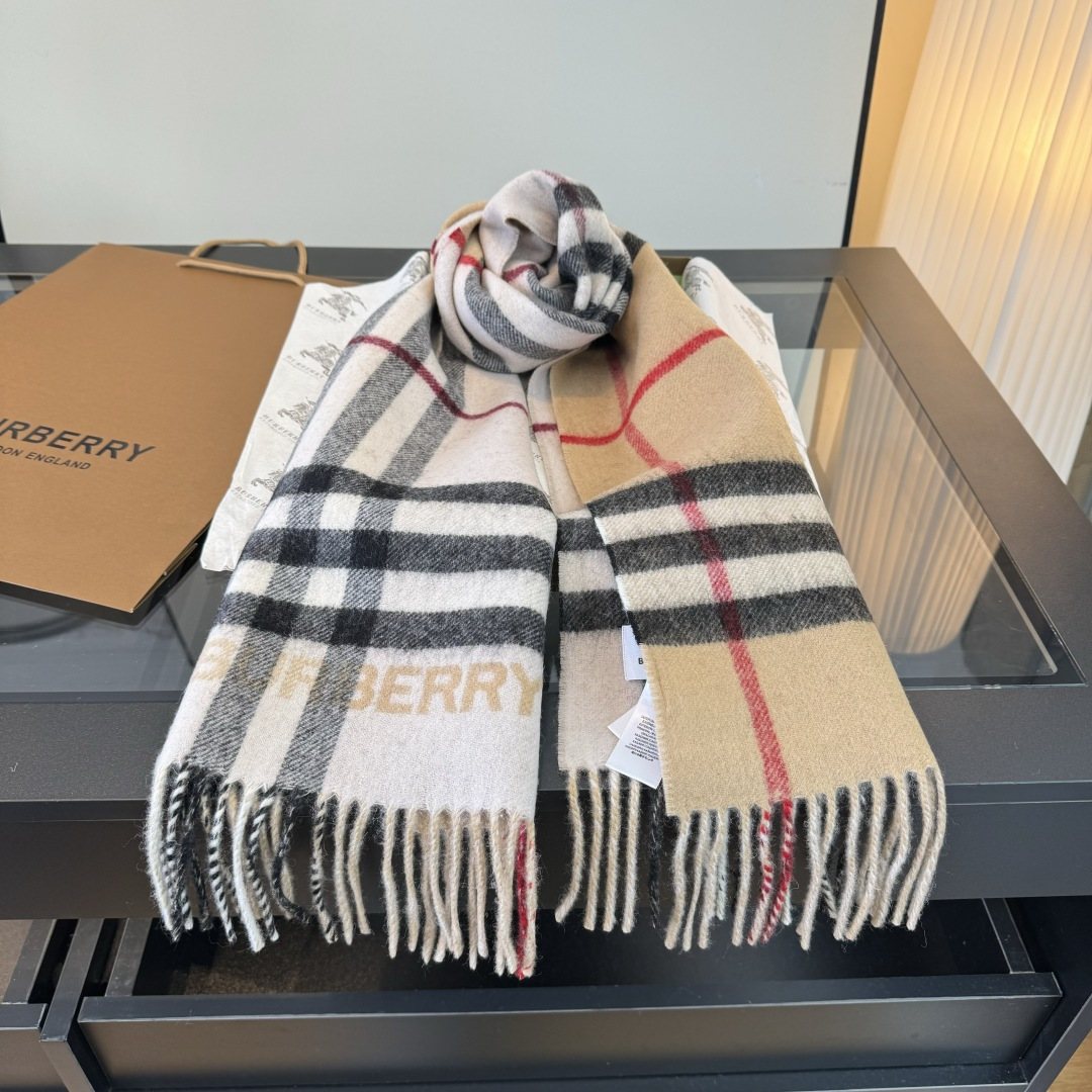 Burberry Beige Plaid Fringed Scarf