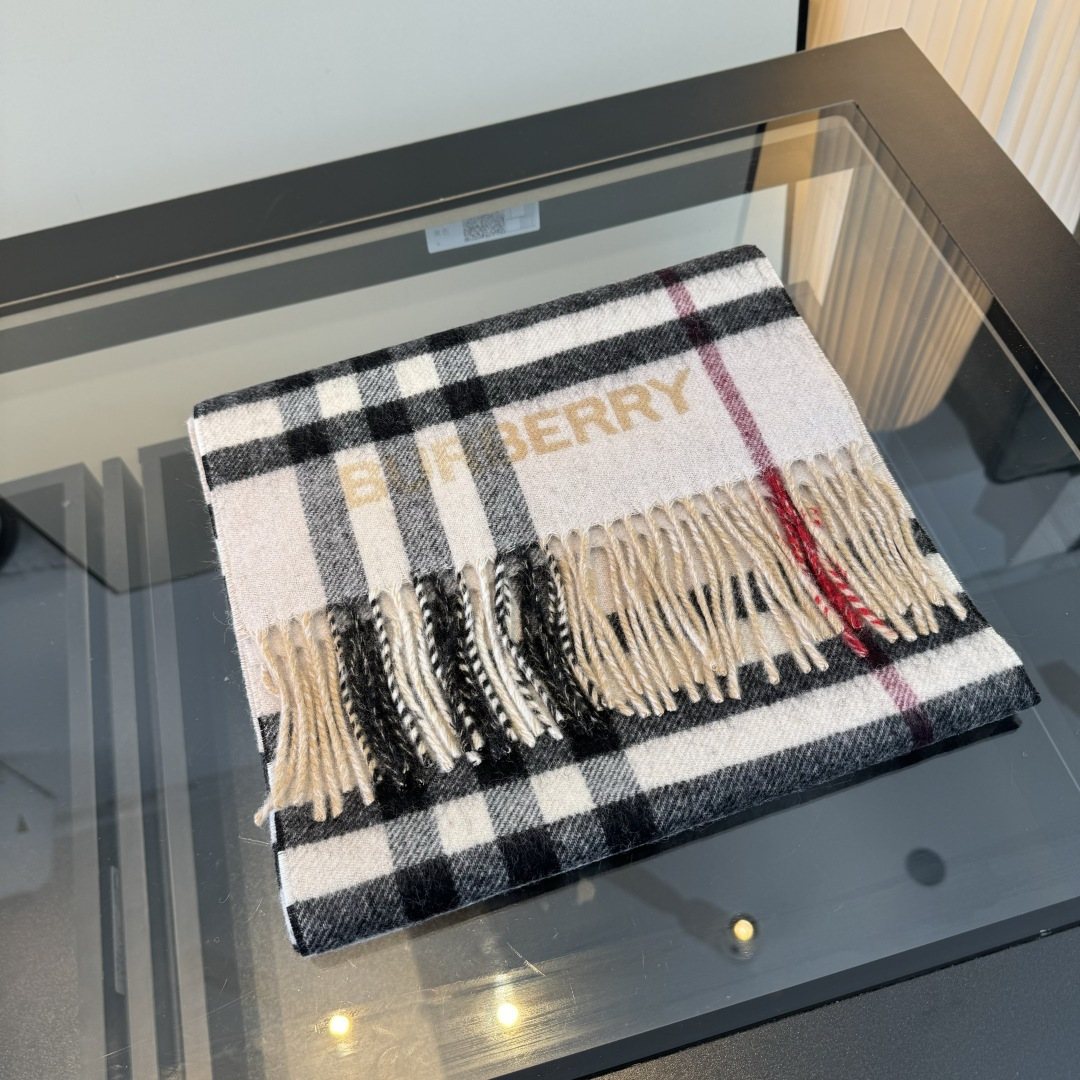 Burberry Beige Plaid Fringed Scarf