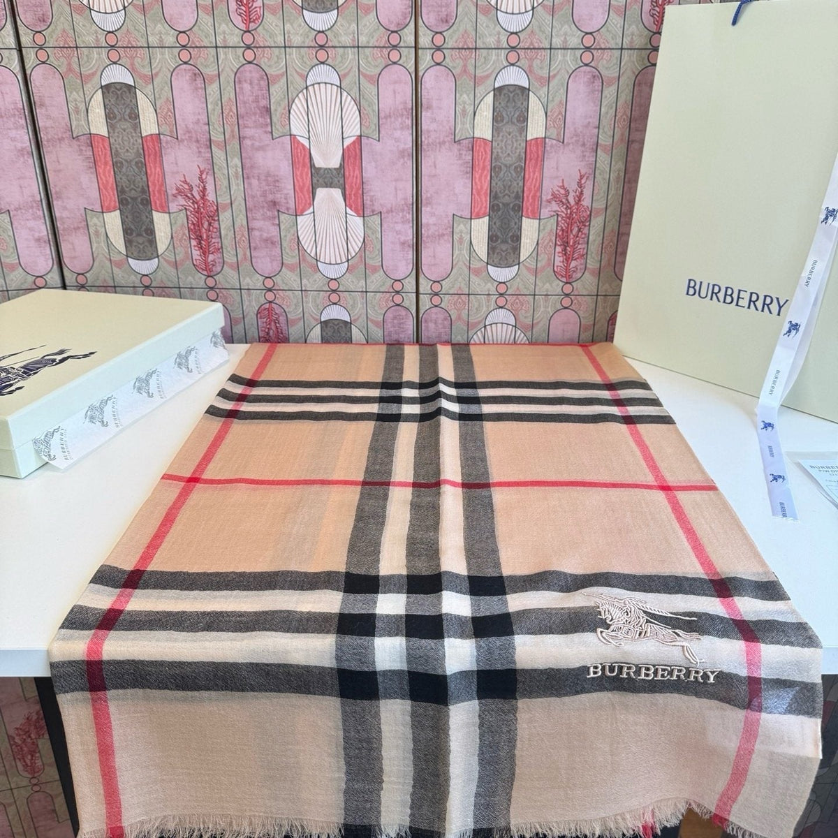 Burberry Camel Beige Plaid Scarf