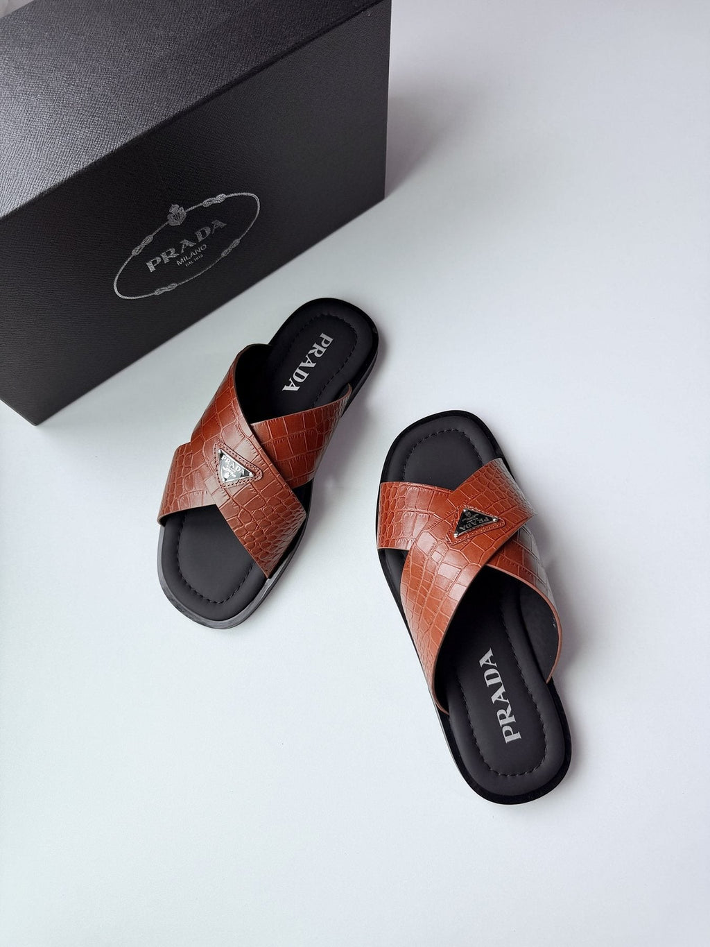 Prada Men's Croc-Embossed Cross-Strap Slide Sandals