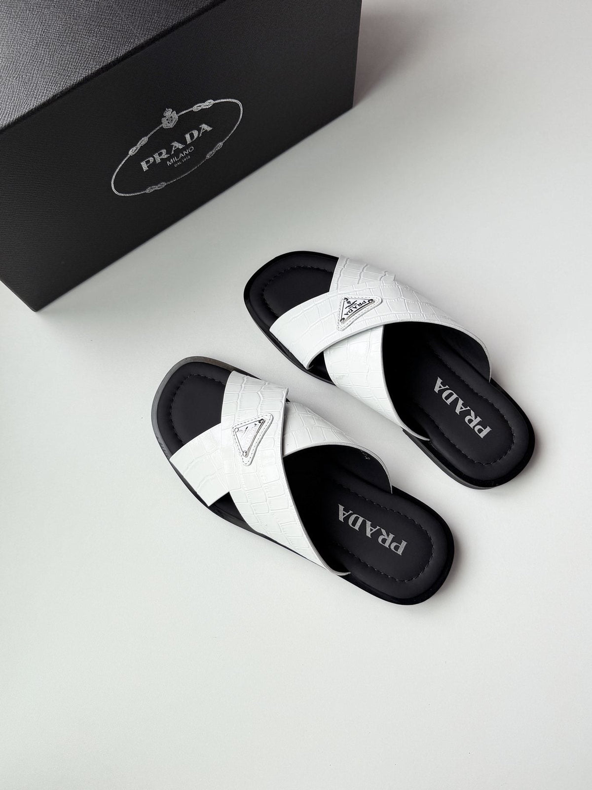 Prada Men's Croc-Embossed Cross-Strap Slide Sandals