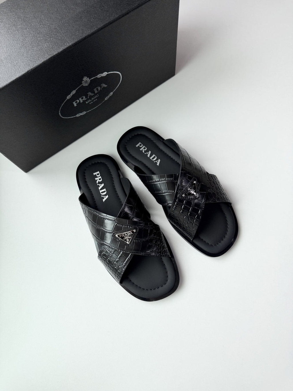 Prada Men's Croc-Embossed Cross-Strap Slide Sandals