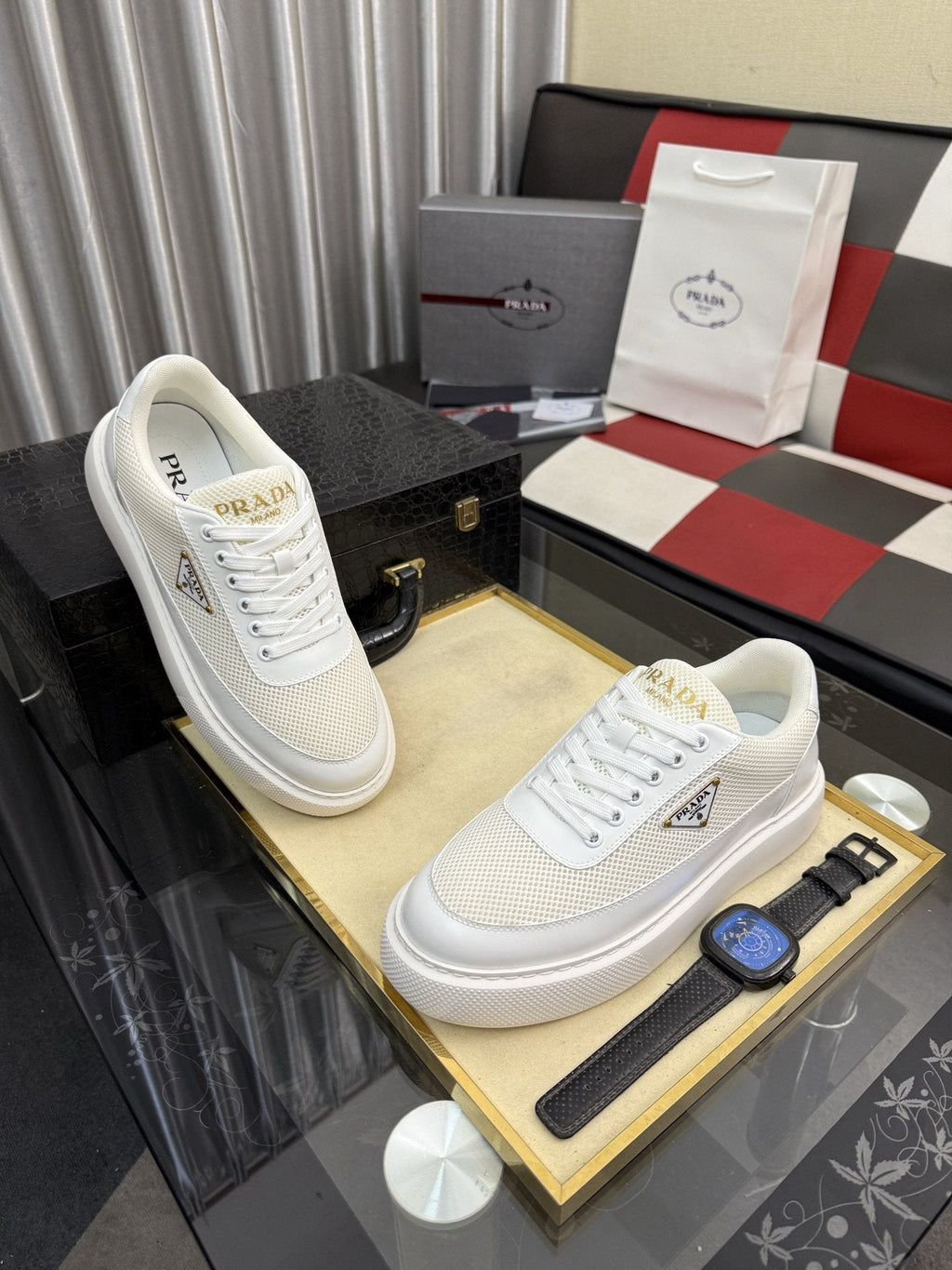 Prada Men's Triangle Badge Low-Top Sneakers - Rubber Outsole