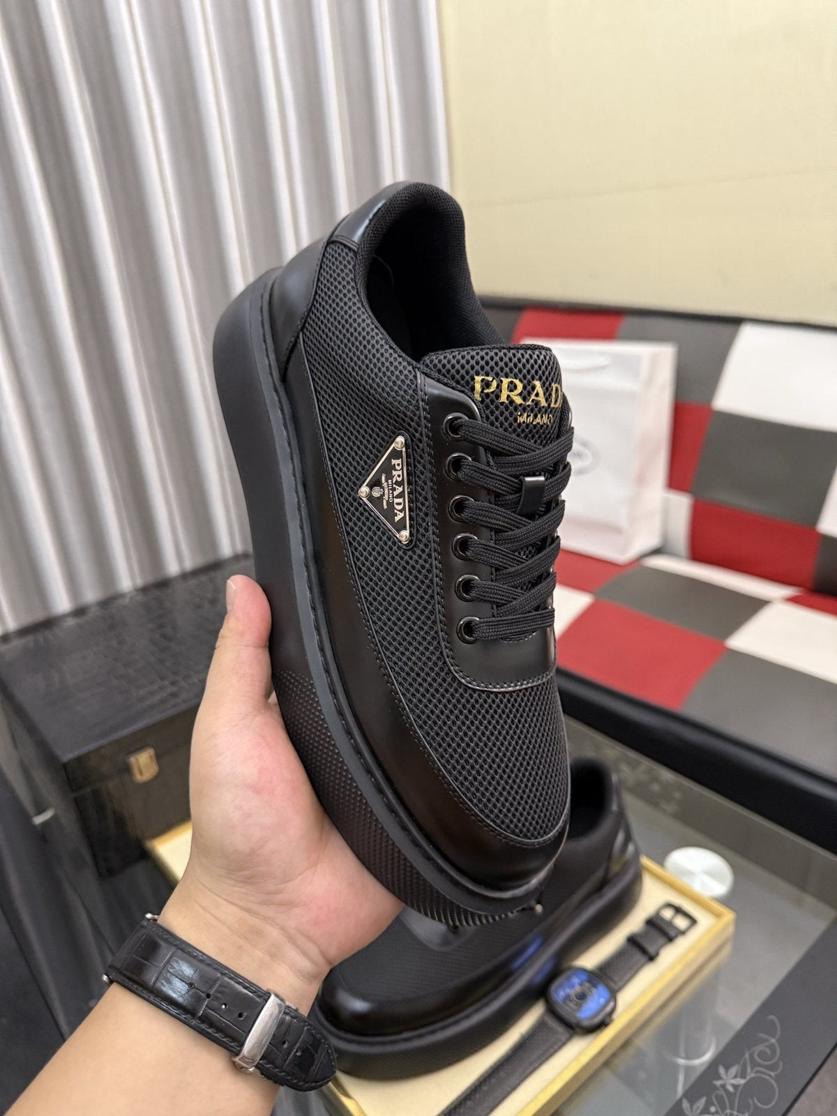 Prada Men's Triangle Badge Low-Top Sneakers - Rubber Outsole