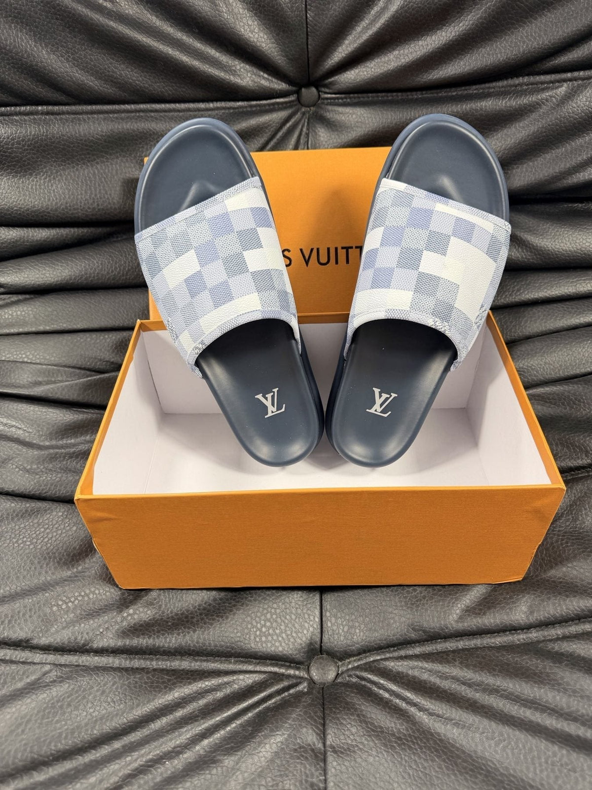 Louis Vuitton Slate Blue Checkered Slide Sandals