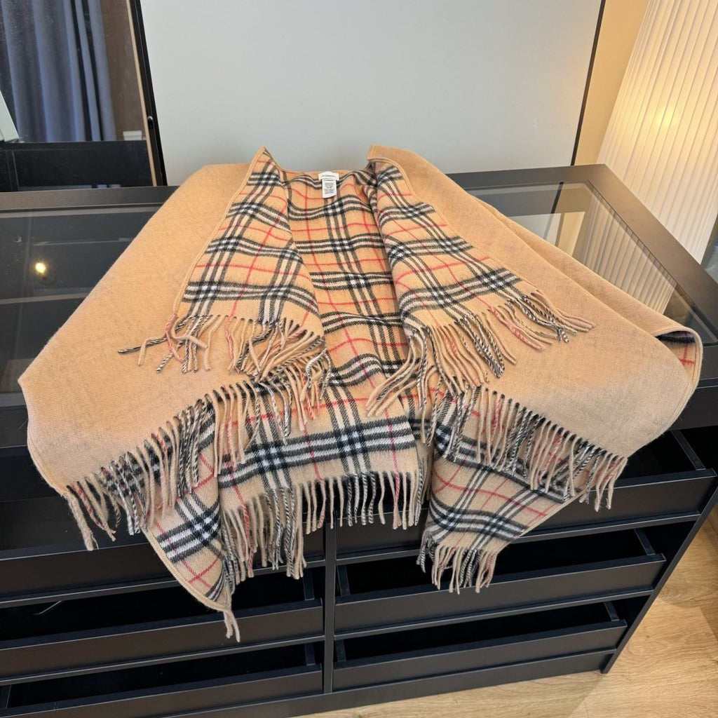Black Reversible Plaid Fringed Poncho