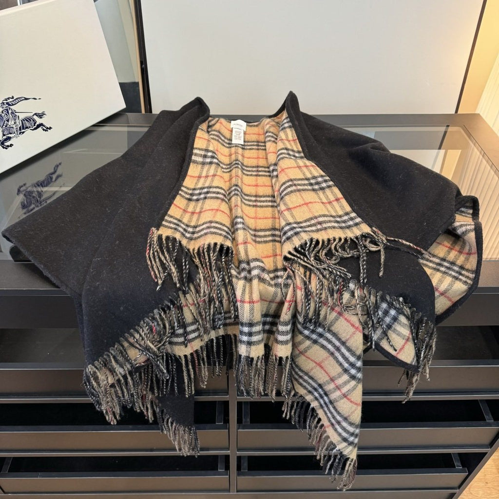 Black Reversible Plaid Fringed Poncho