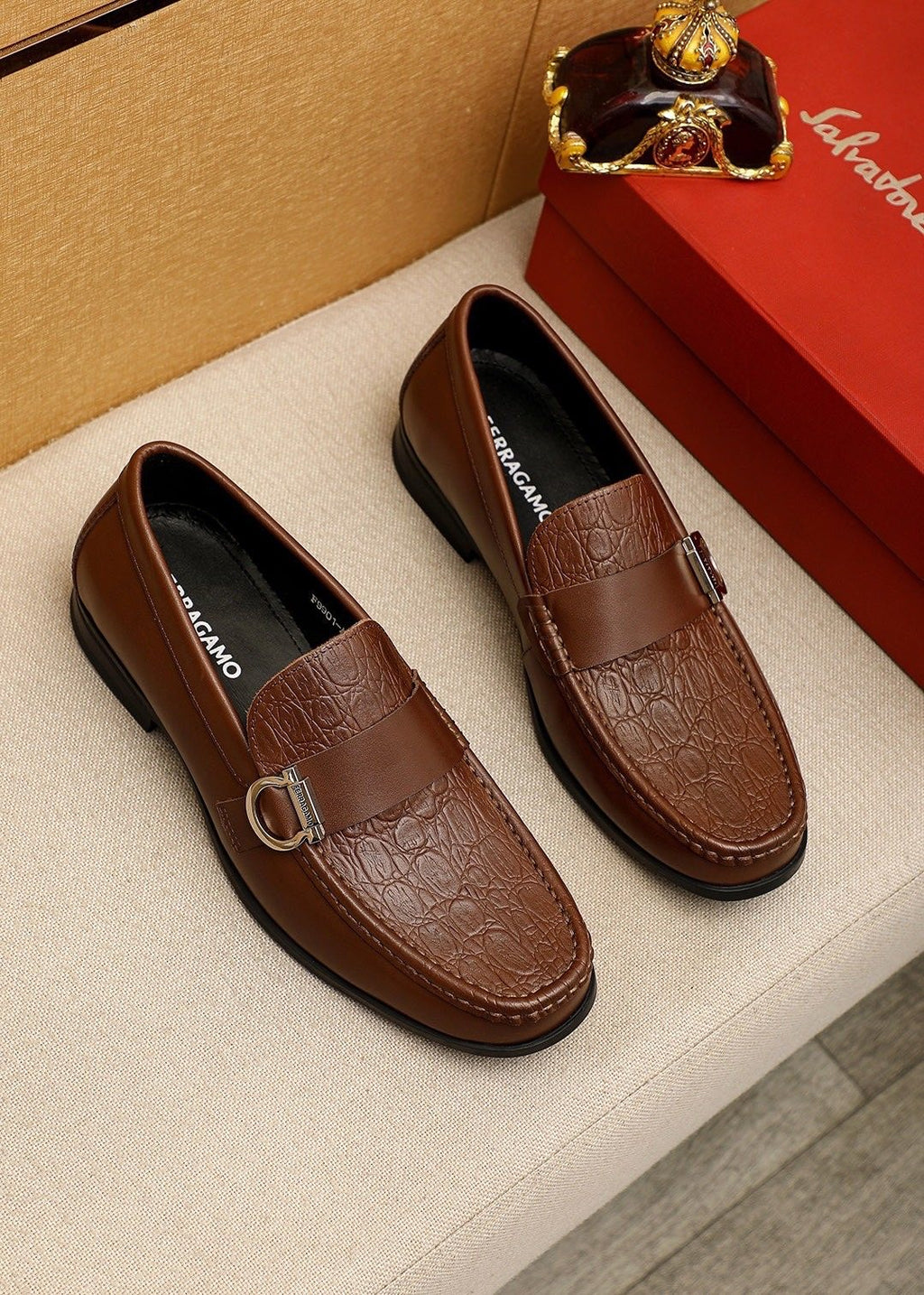 Ferragamo Embossed Buckle Loafers