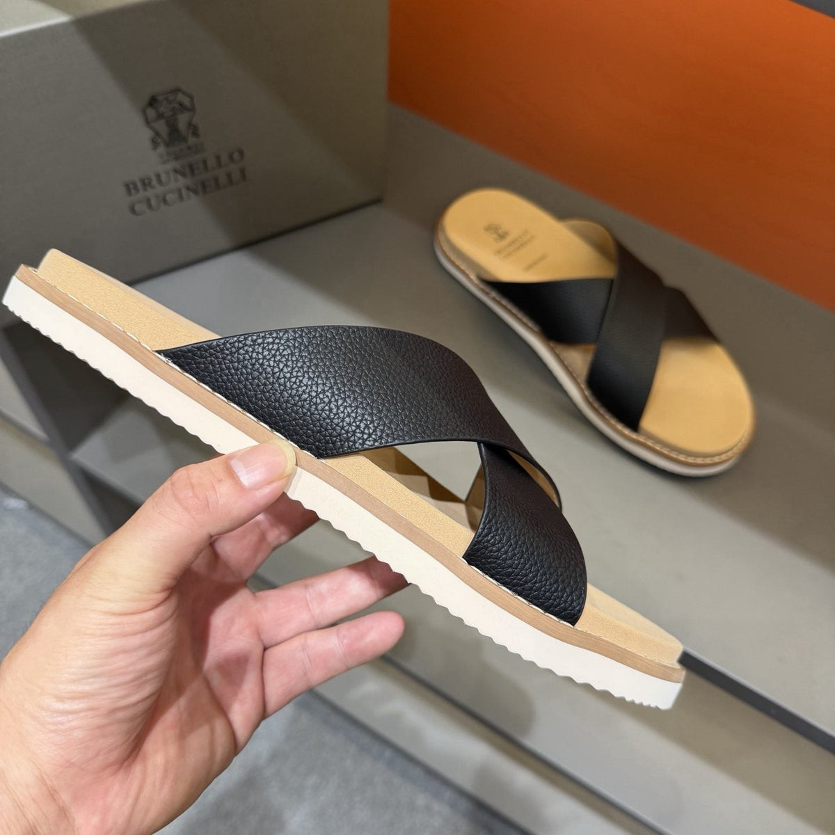 Brunello Cucinelli Men's Cross-Strap Slide Sandals - Cross-Over Strap Design