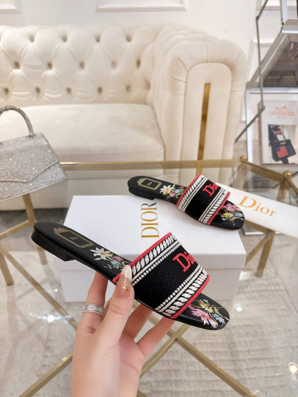 Dior Embroidered Logo Slide Sandals