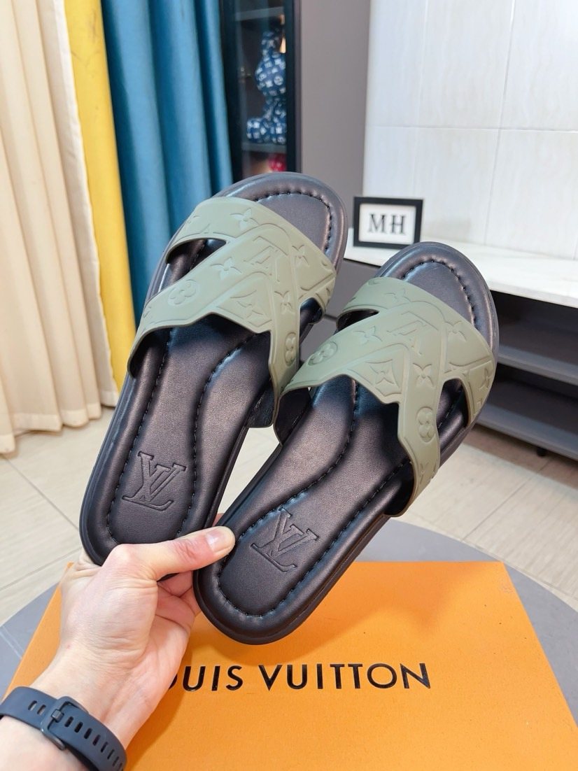 Louis Vuitton Men's Embossed Strap Slide Sandals - Open-Toe Slip-On Design