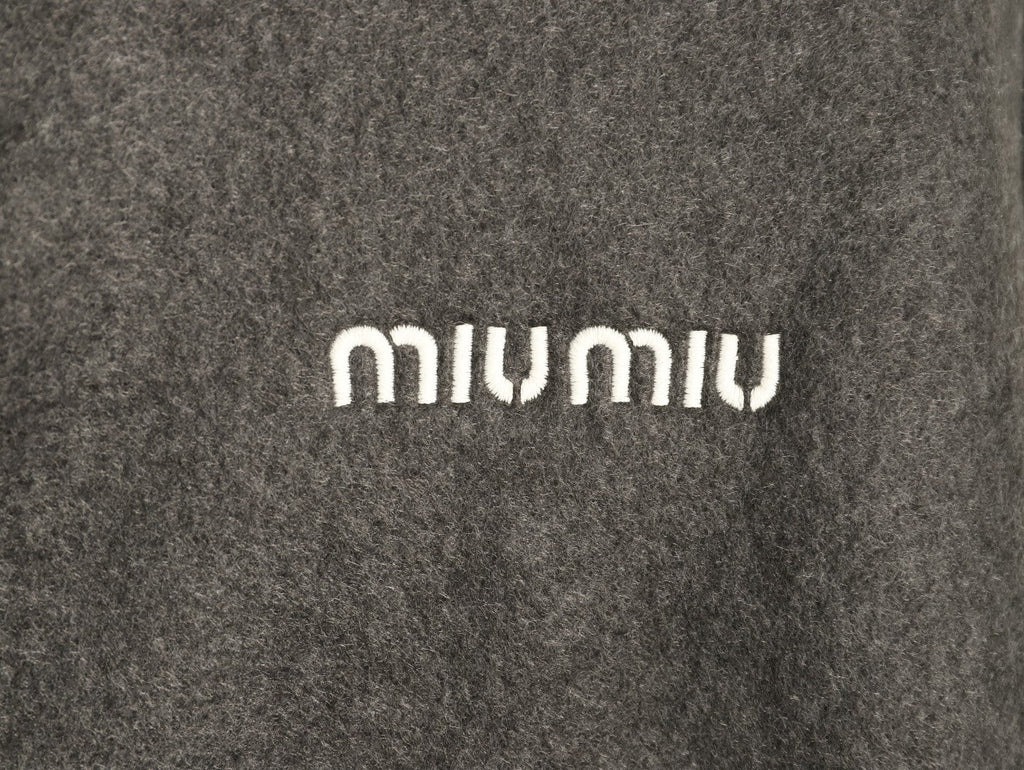 Miu Miu Logo-Embroidered Trim Fleece Hooded Jacket - Charcoal