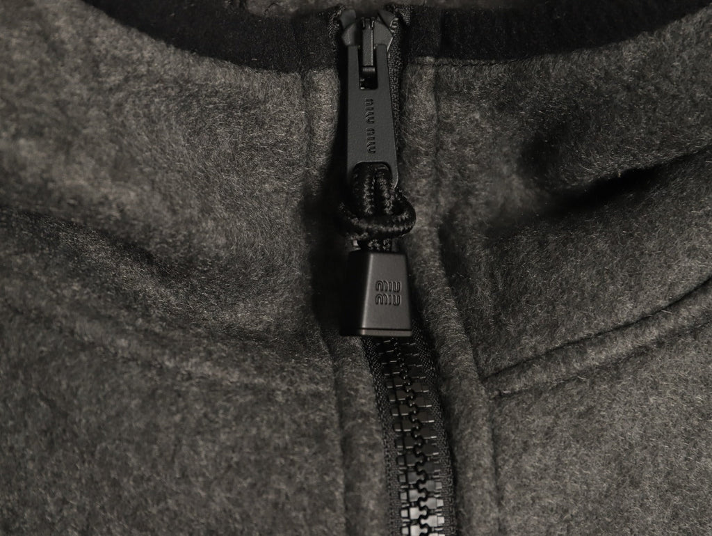 Miu Miu Logo-Embroidered Trim Fleece Hooded Jacket - Charcoal